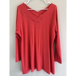 Soft Surroundings Womens 1X Red Double V Neck Ribbed Knit Long Sleeve‎ Top Pima
